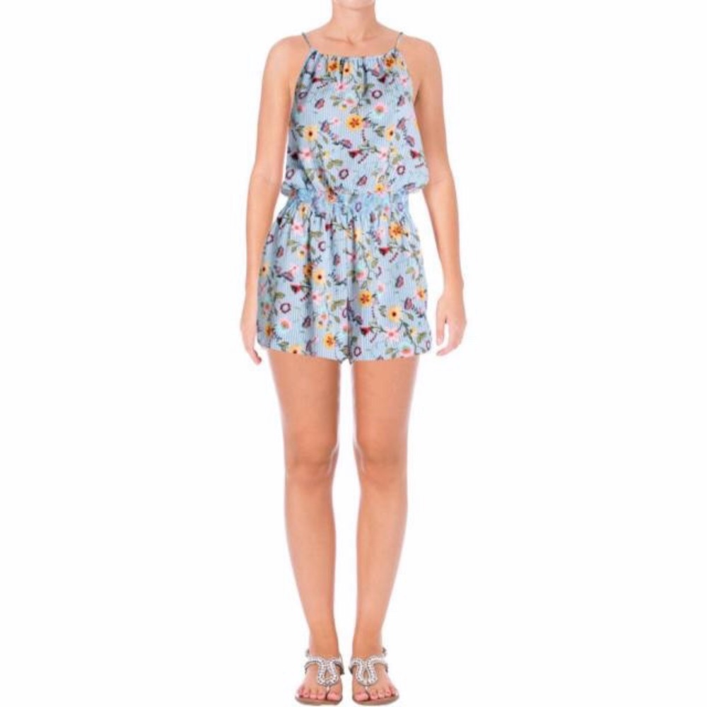 Aqua Floral Blue Striped Romper NWOT